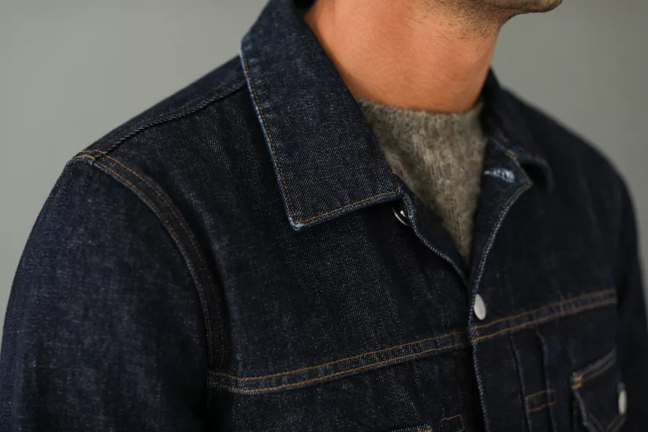 Outlet Drapeau Noir Veste "Type II" Denim Japonais Brut Indigo