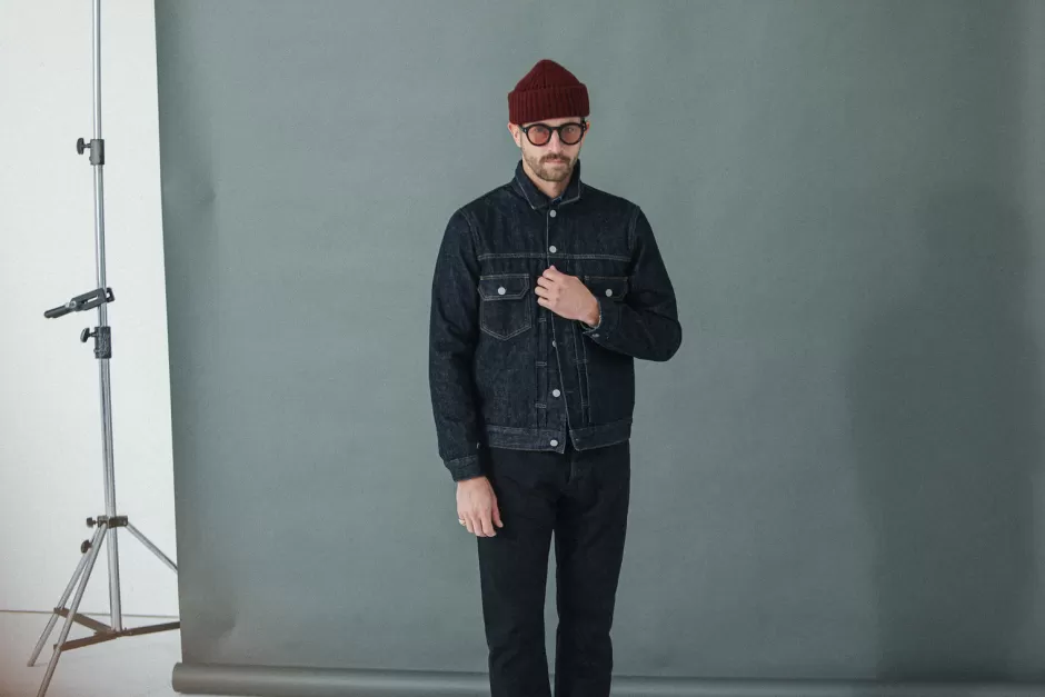 Outlet Drapeau Noir Veste "Type II" Denim Japonais Brut Indigo